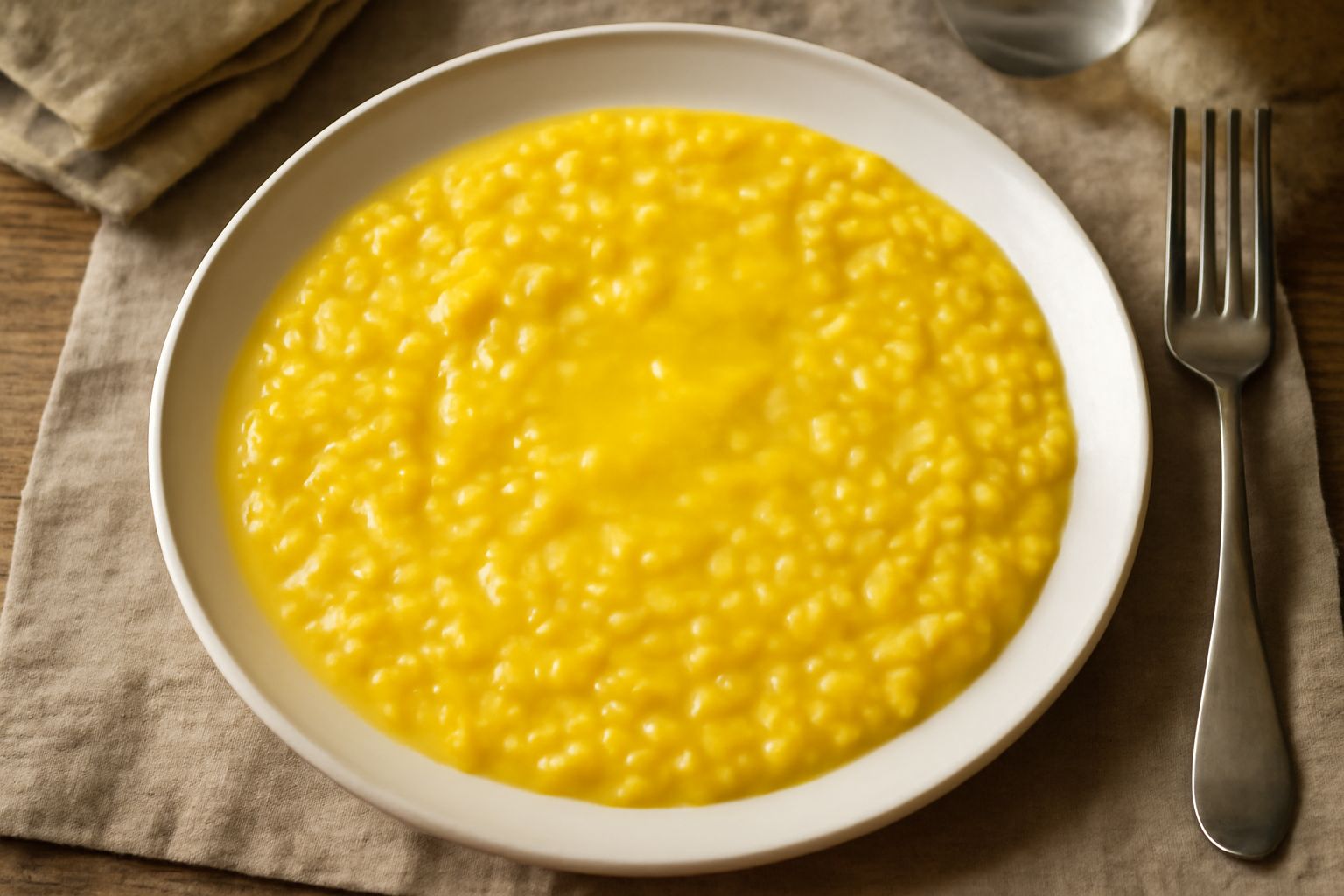 Piatto di ceramica bianca con riso alla milanese cremoso, di colore giallo dorato, guarnito con filo di burro e scaglie di parmigiano grattugiato fresco