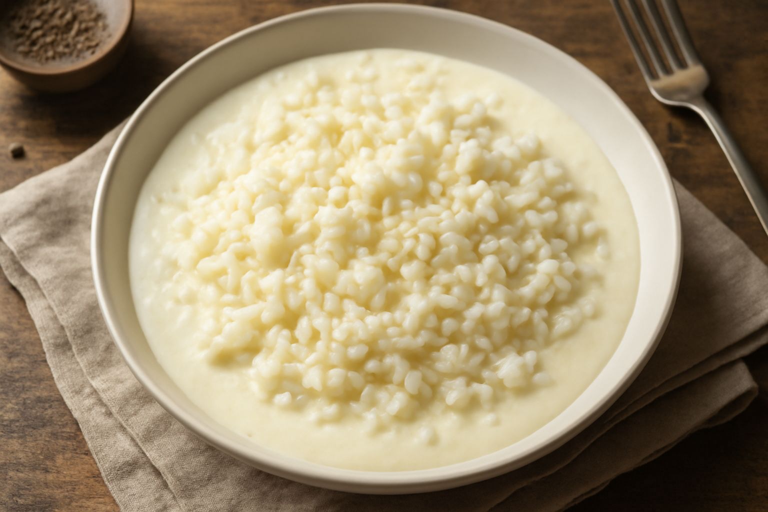 Piatto di riso alla panna bianco cremoso servito in ciotola di ceramica bianca, riso visibile grano per grano in salsa panna, guarnito con fettine di tartufo nero e parmigiano grattugiato, fondo neutr