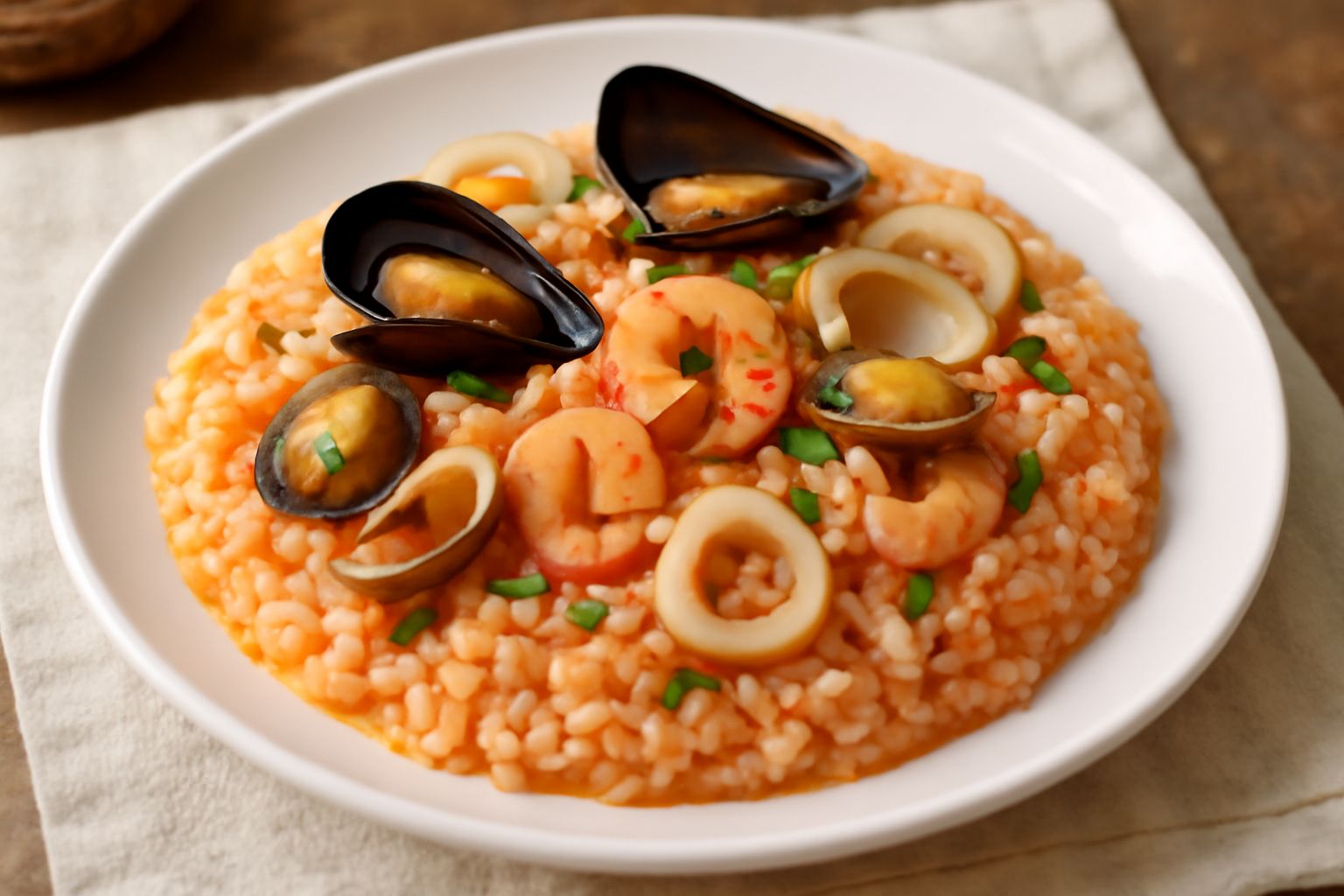 Un piatto di ceramica bianca con riso cremoso condito con cozze, vongole, gamberi e calamari, aromatizzato con prezzemolo verde e limone, fumante