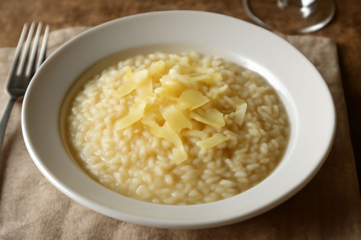 Riso cremoso color avorio in piatto fondo bianco, guarnito con scaglie di grana padano giallo paglierino, gocce di brodo brillante sulla superficie, contorno di brodo caldo in tazza di ceramica bianca