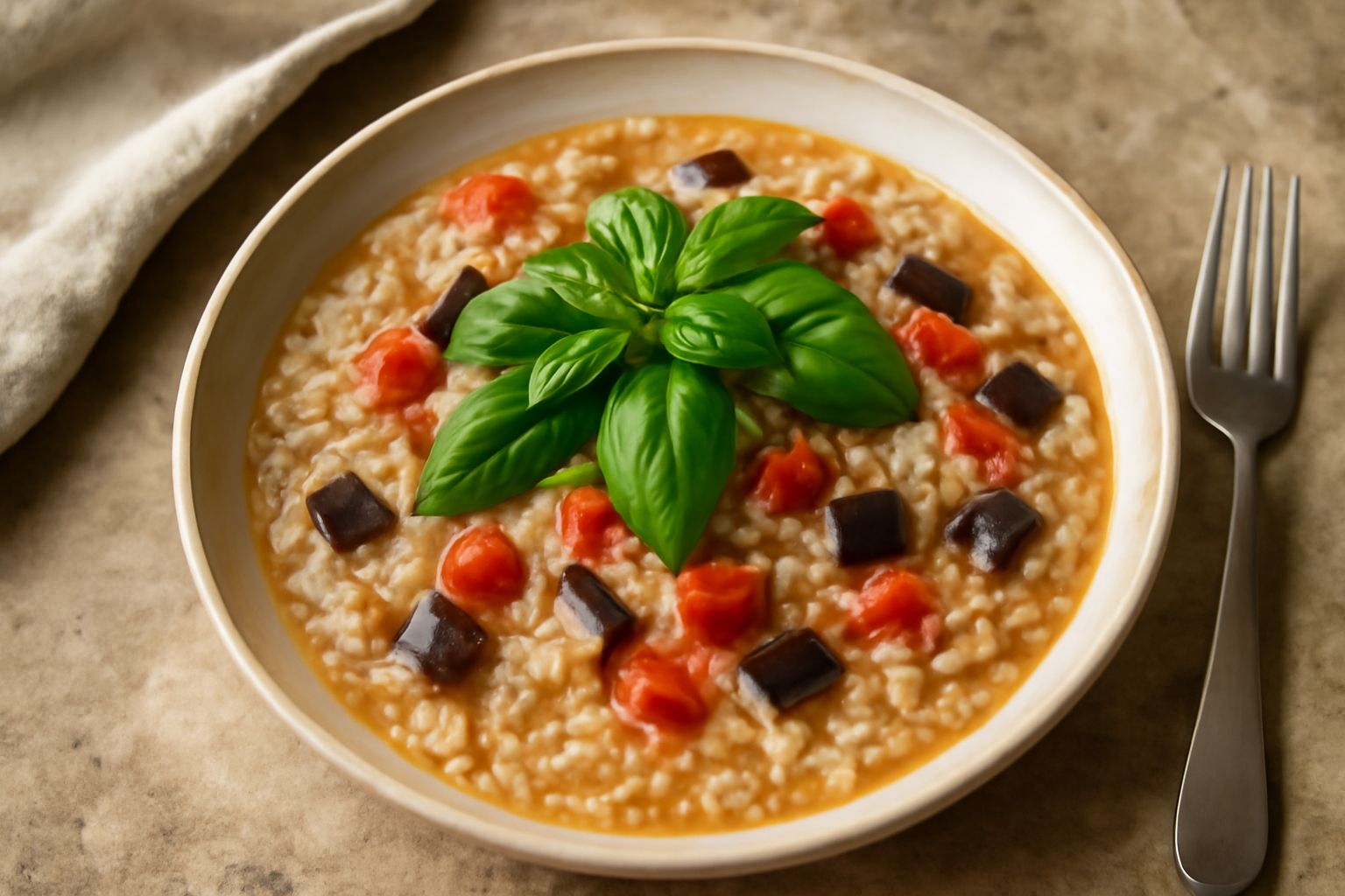 Piatto di ceramica bianca con riso biondo in brodo, melanzane viola in pezzi, pomodori rossi, basilico verde brillante sparso in superficie, servito su tavolo di legno chiaro