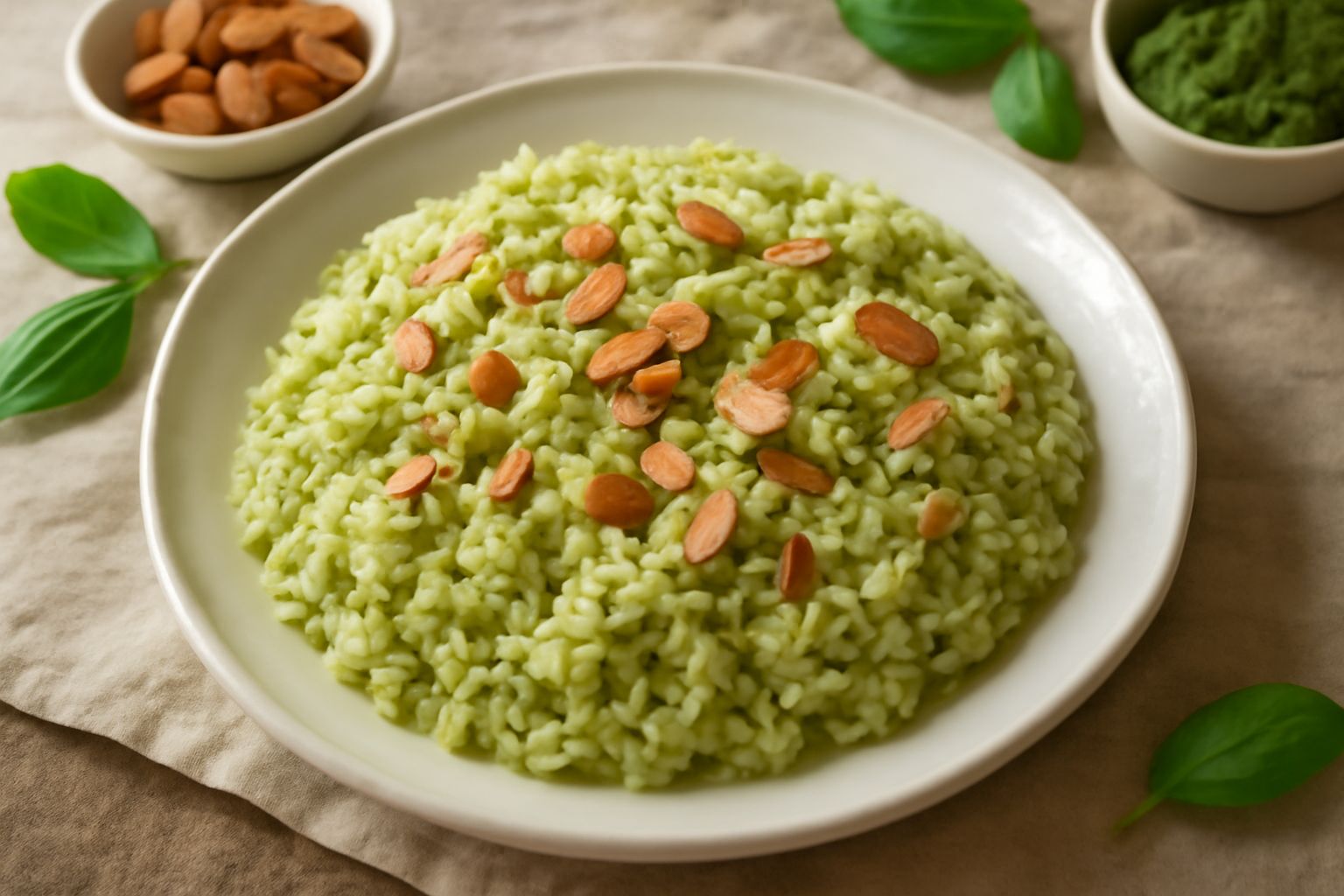 Piatto di riso alla trapanese servito in una ciotola bianca, riso mantecato di colore verde pallido con visibili granelli di riso separati, scaglie di mandorla sparse in superficie, qualche pezzetto d