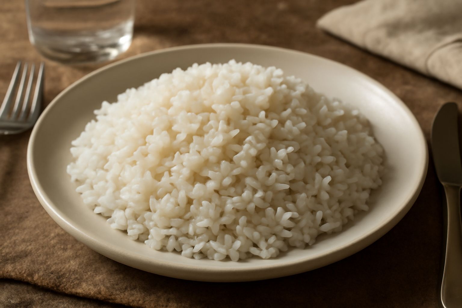 Riso bianco cotto al dente in una ciotola di porcellana bianca, chicchi separati e lucidi, vapore ancora visibile, contorno di acqua leggermente salata in fondo