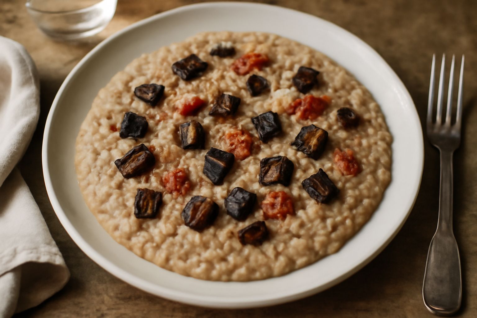 Piatto di ceramica bianca con riso cremoso color nocciola, cosparso di melanzane fritte viola-marroni, ragù rosso in superficie e formaggio grattugiato, contornato da melanzana intera a fette sul lato