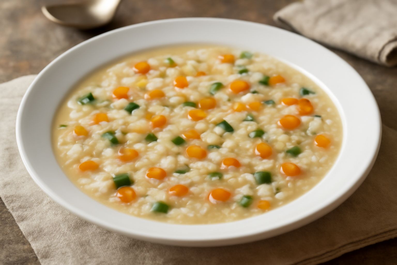 Un piatto bianco fondo con riso cremoso color avorio, pepato di dadi verdi e arancioni di verdure miste tagliate a cubetti piccoli, brodo che affonda il riso per metà altezza, olezzante di vapore, un 