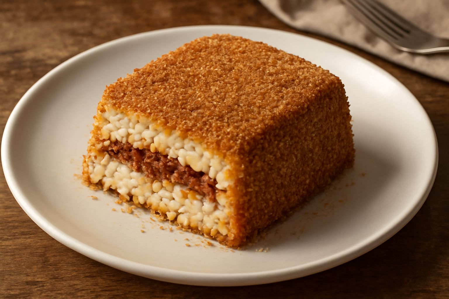Piatto di riso ca' muddica dorato e croccante in superficie, con pangrattato tostato color nocciola visibile, servito su piatto bianco con un cucchiaio di legno accanto