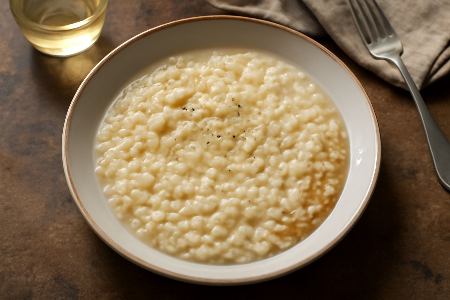 Piatto di riso bianco cremoso servito in una ciotola di ceramica bianca, con il riso leggermente brillante e una forma compatta, una cucchiaiata sollevata che mostra la consistenza densa, su tavolo di