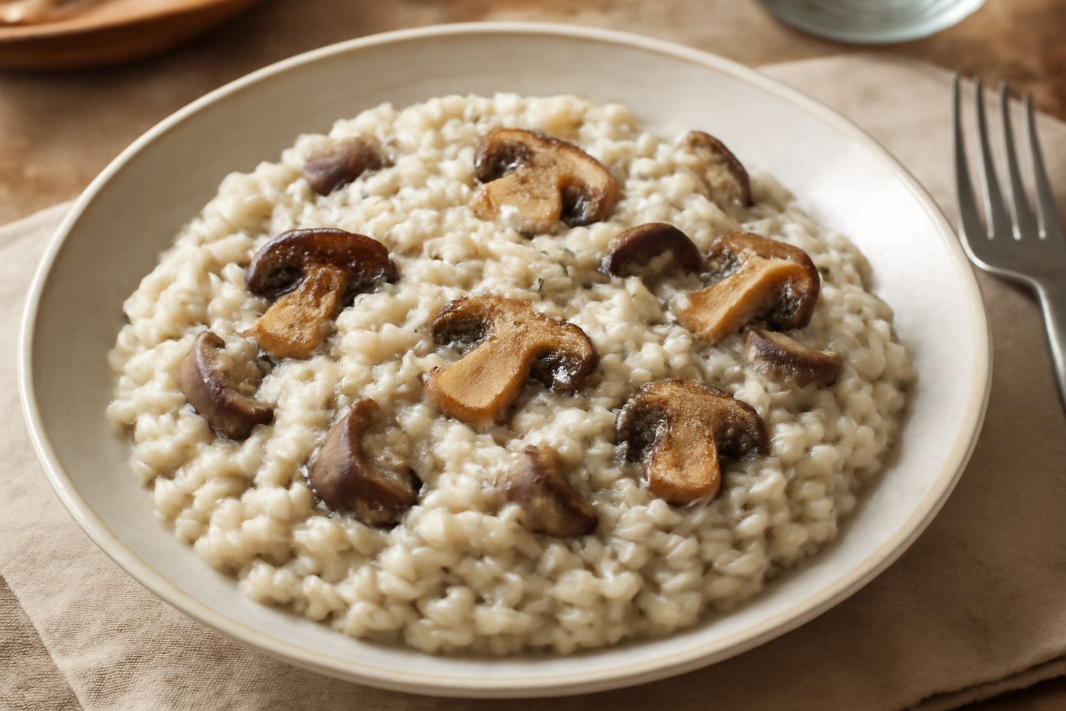 Piatto di risotto ai porcini con riso cremoso bianco e grigio, funghi in pezzetti scuri sparsi in superficie, gocce di burro lucido, grattugia di parmigiano bianca, impiattato in ciotola di porcellana