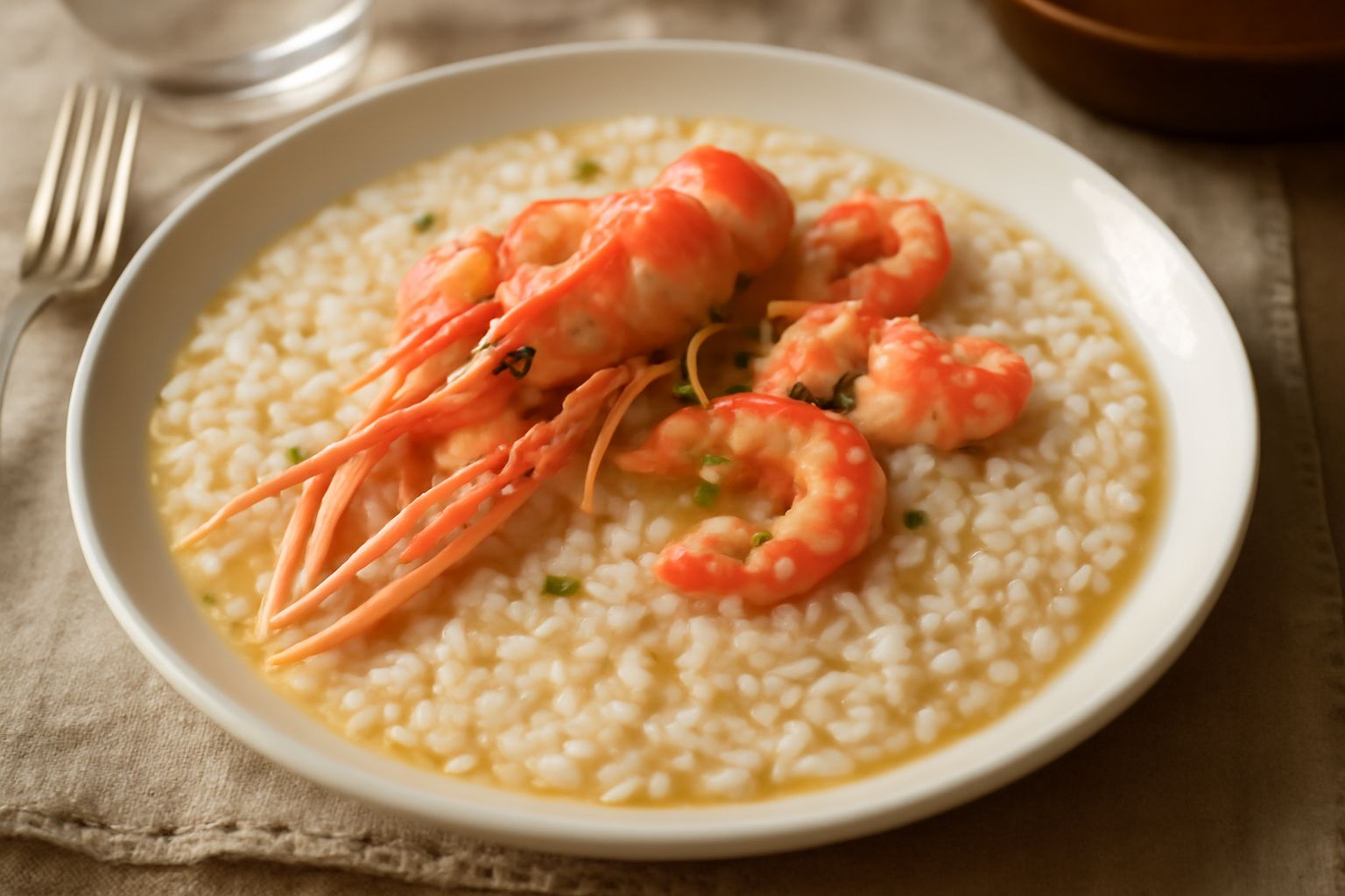 Piatto di riso con gli scampi: riso bianco cremoso con scampi rosa e interi posati in superficie, pepe nero macinato al momento, prezzemolo verde fresco, olio lucido sulla sommità, contorno di limone 
