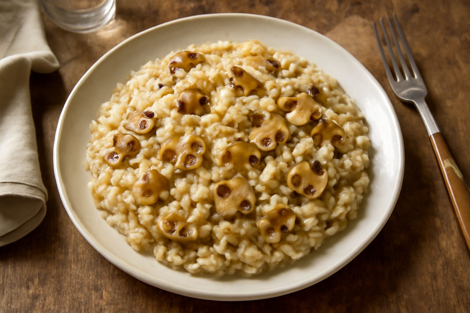 Piatto di riso cremoso bianco-beige con pezzetti di funghi scuri sparsi in superficie, guarnito con prezzemolo fresco verde e ricciolo di burro dorato, servito su fondo bianco
