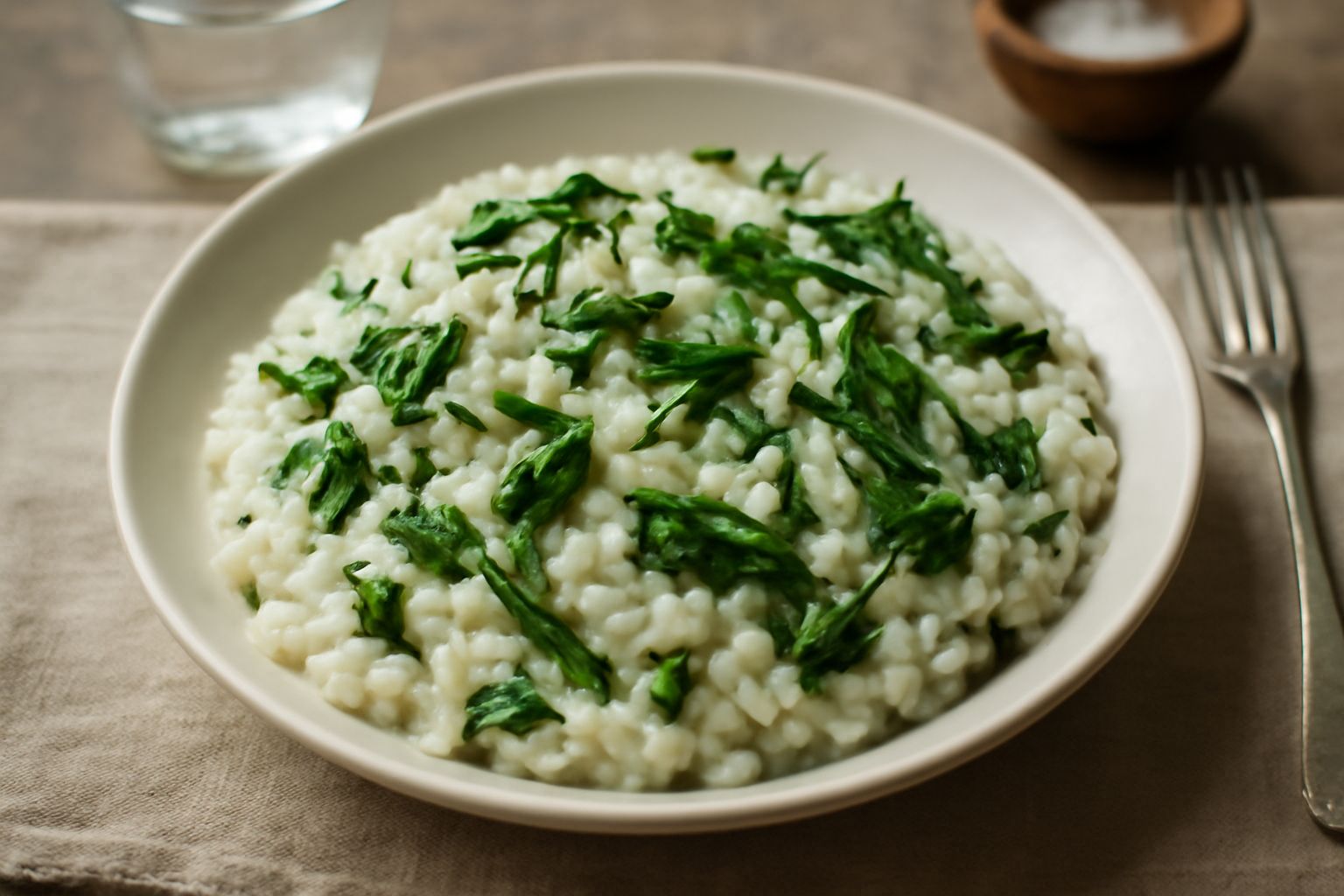 Un piatto di ceramica bianca con riso bianco cremoso, erbe verdi fresche sparse in superficie e un filo d'olio giallo dorato lucido, con foglie di menta e cicoria appena riconoscibili tra i grani