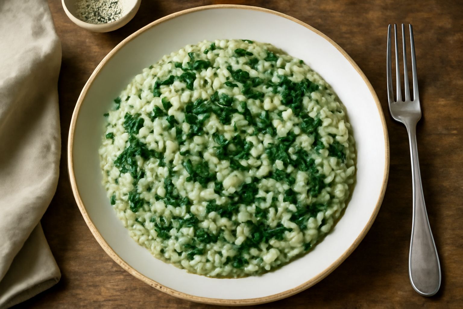 Piatto di risotto verde intenso con riso al dente, ortiche tritafine distribuite uniformemente, brodo trasparente che luccica, servito in ciotola bianca con piccolo mestolo di legno accanto