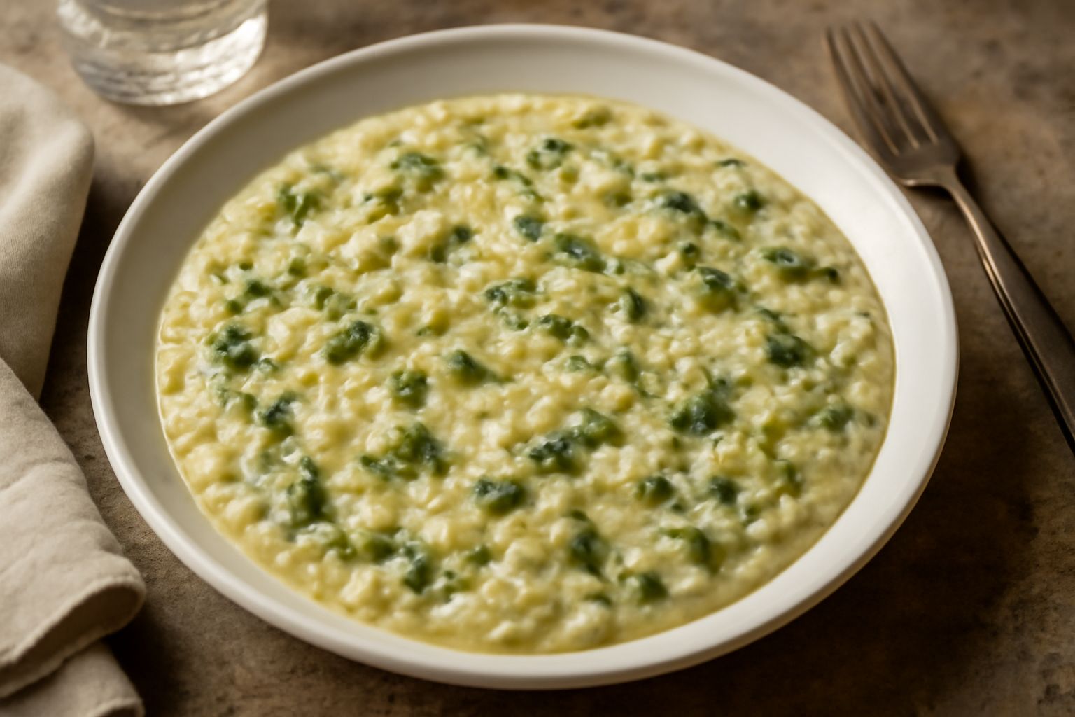 Un piatto bianco con risotto cremoso beige e verdastro, rape tagliate a pezzi sparpagliate sulla superficie, condito con olio d'oliva e formaggio grattugiato, presentato su tavolo di legno