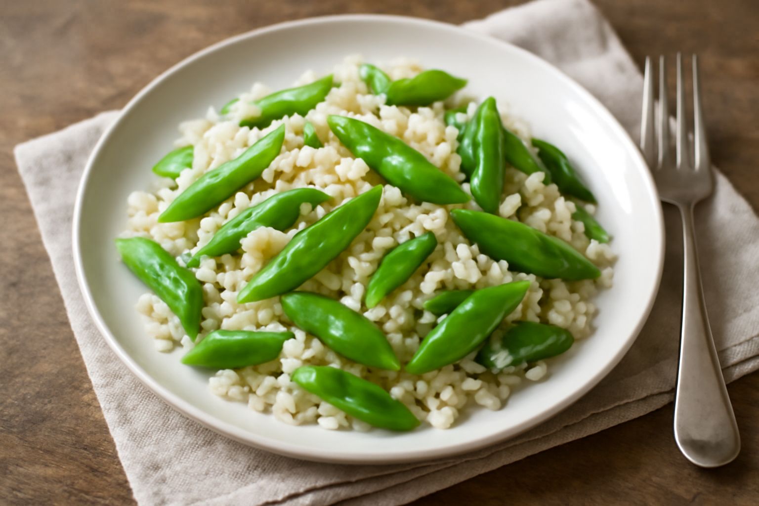 Piatto bianco con riso basmati al dente, taccole tagliate oblique di colore verde brillante, cipolla bianca appena imbiondita, vapore leggero che sale dai grani, guarnizione di prezzemolo fresco verde