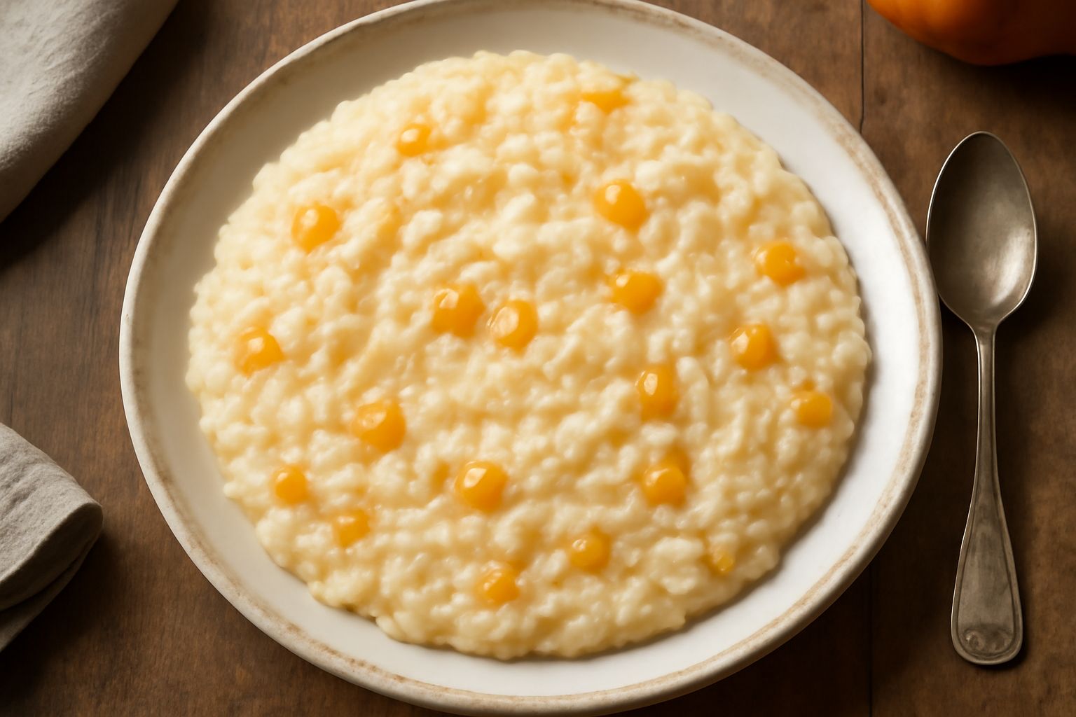 Un piatto bianco con riso cremoso di colore bianco sporco mescolato a pezzetti di zucca arancione, decorato con scaglie di parmigiano grattugiato e una fogliolina di salvia fresca