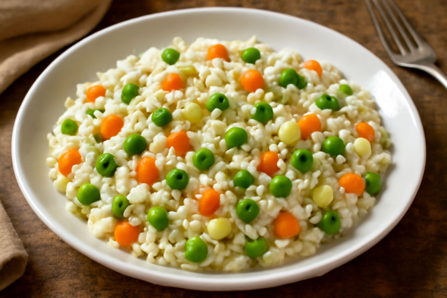 Piatto bianco con riso bianco e verdure tagliate a dadini: carote arancioni, piselli verdi, zucchine, cipolla trasparente, tutto ben amalgamato con olio lucido visibile in superficie