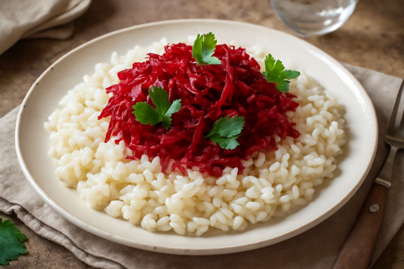 Piatto di riso bianco con barbabietola rossa grattugiata, disposto su fondo bianco con foglie di prezzemolo fresco verde scuro e gocce di olio d'oliva dorato