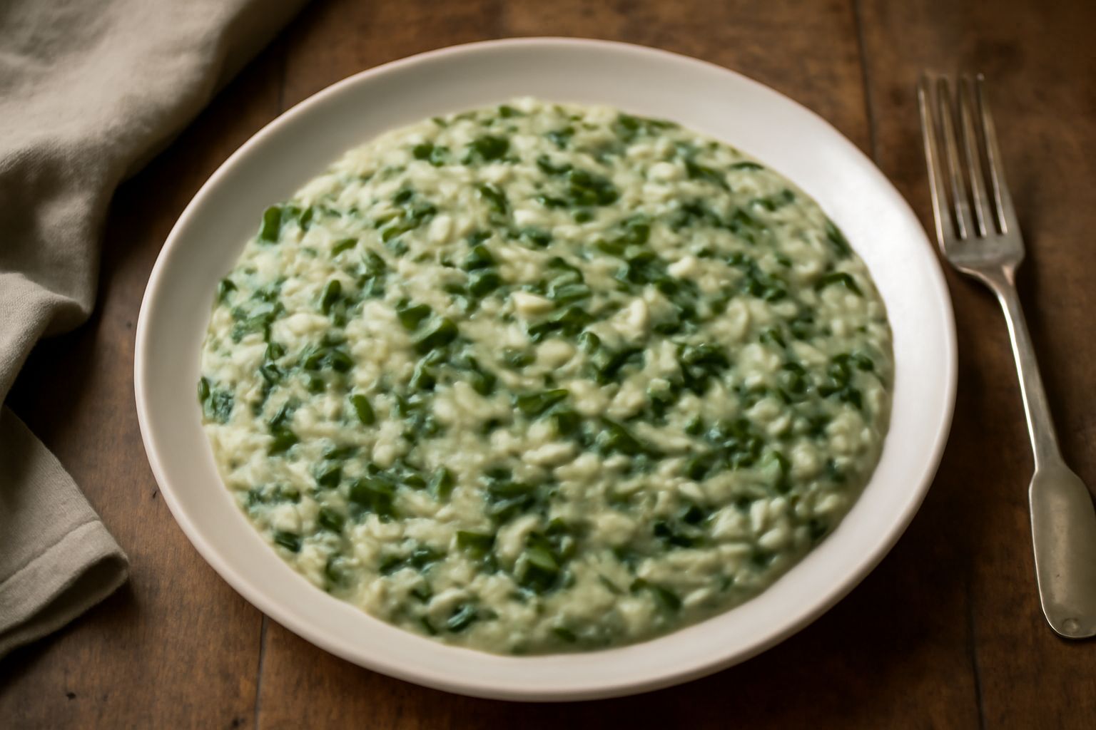 Piatto di risotto cremoso con bietola verde scuro integrata, granello di riso bianco e lucido, montato con burro, spolverato di parmigiano grattugiato, servito in ciotola bianca fonda.