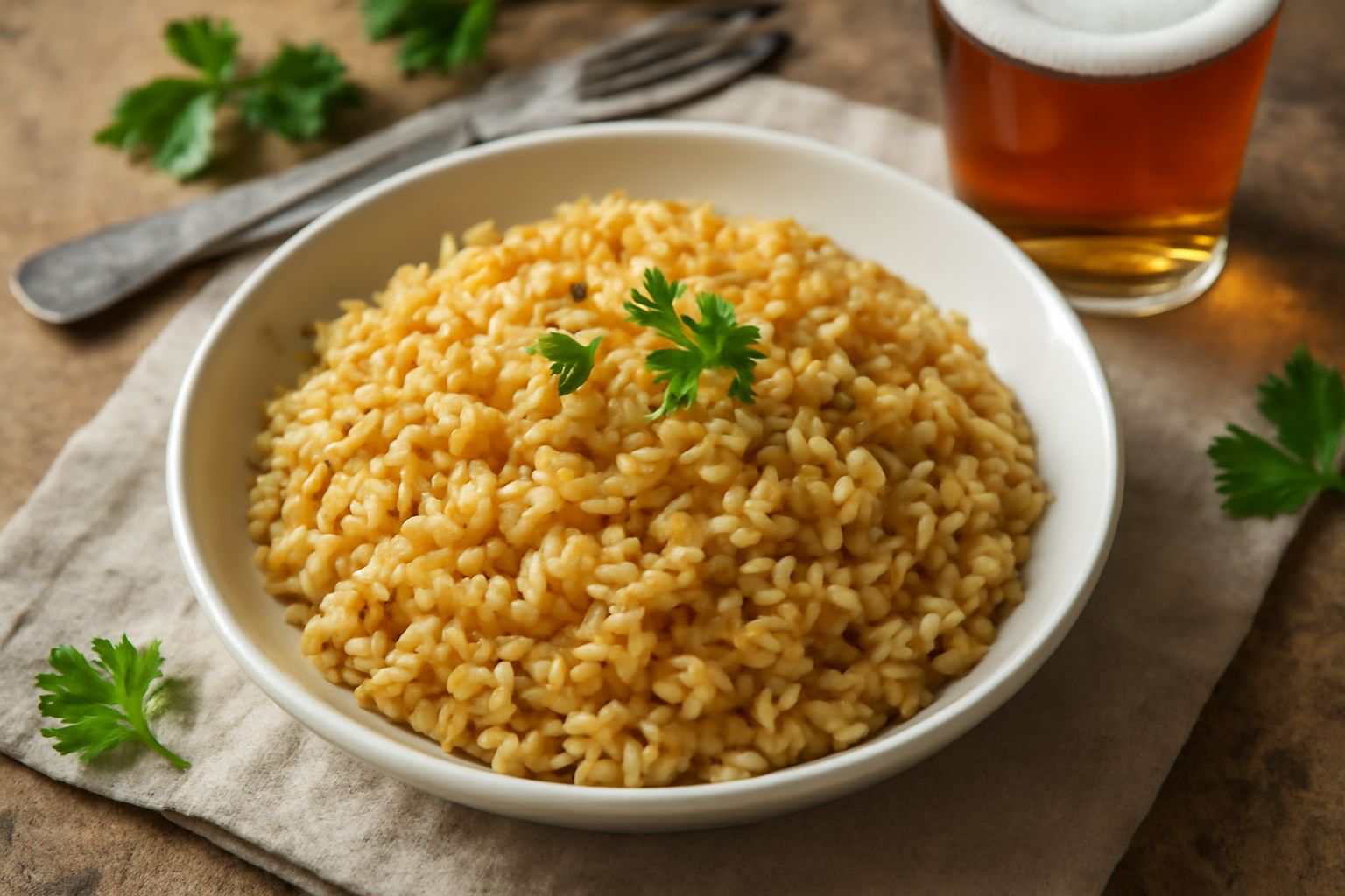 Piatto di riso bianco cotto in birra, con chicchi dorati e ben separati, servito in una ciotola di porcellana bianca, accanto a un bicchiere di birra ambrata e una foglia di prezzemolo fresco come gua