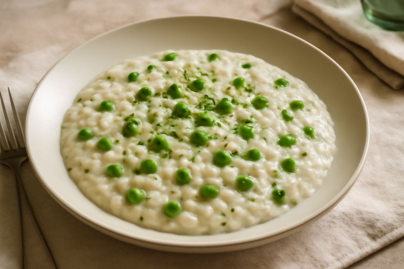 Piatto di riso e bisi servito in ciotola bianca: riso cremoso di colore bianco con piselli verdi brillanti sparsi in superficie, gocce di brodo visibile, guarnizione di prezzemolo fresco tritato sulla