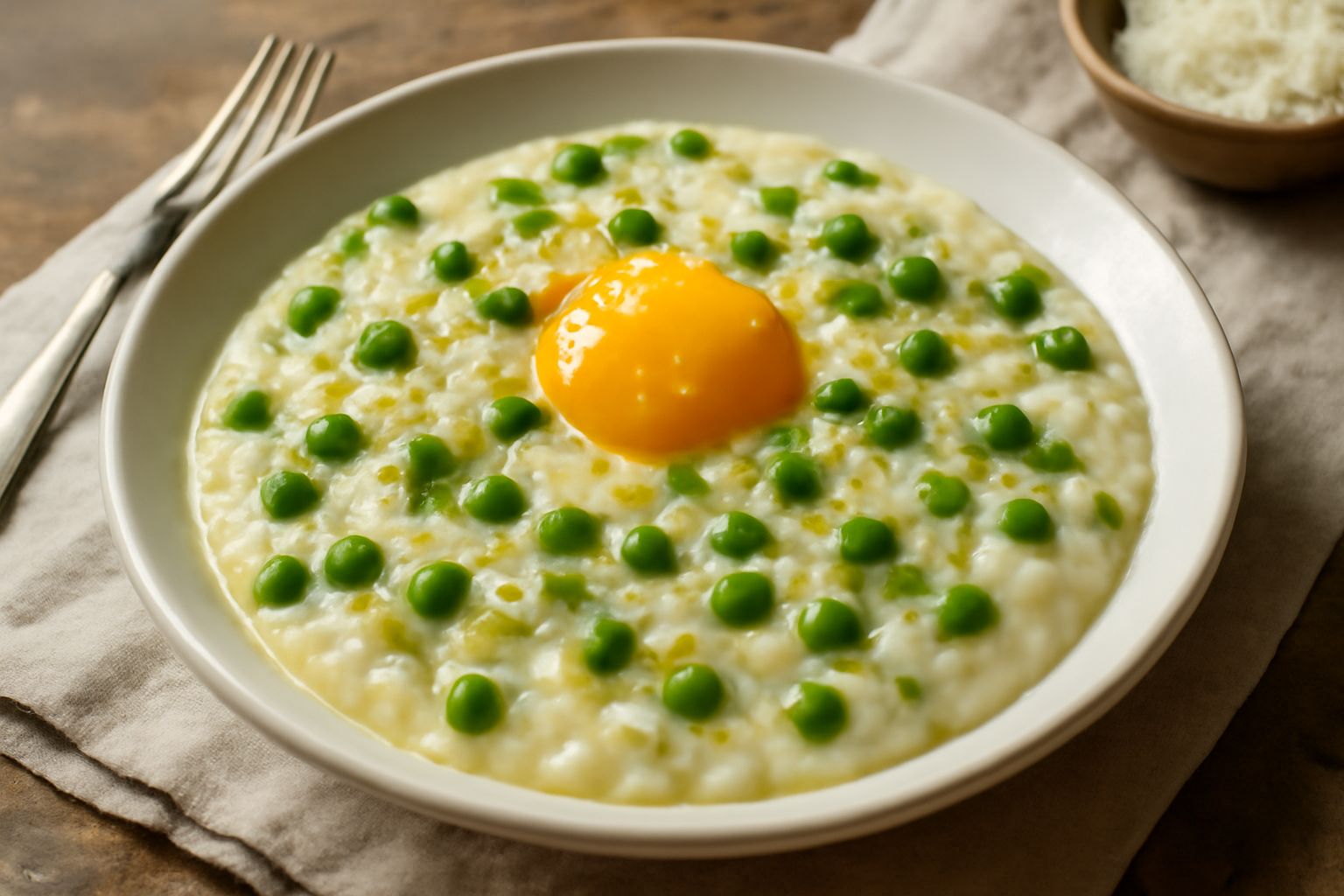 Piatto bianco colmo di riso cremoso con piselli verdi visibili, mantecato con formaggio, guarnito con prezzemolo fresco e una grattugia di parmigiano sulla superficie