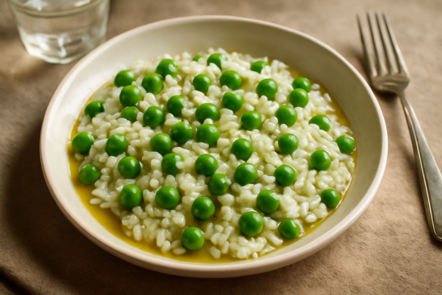 Ciotola di riso e bisi freddo con chicchi di riso bianchi, piselli verdi brillanti, gocce di olio dorato in superficie, limone fresco sul bordo del piatto bianco