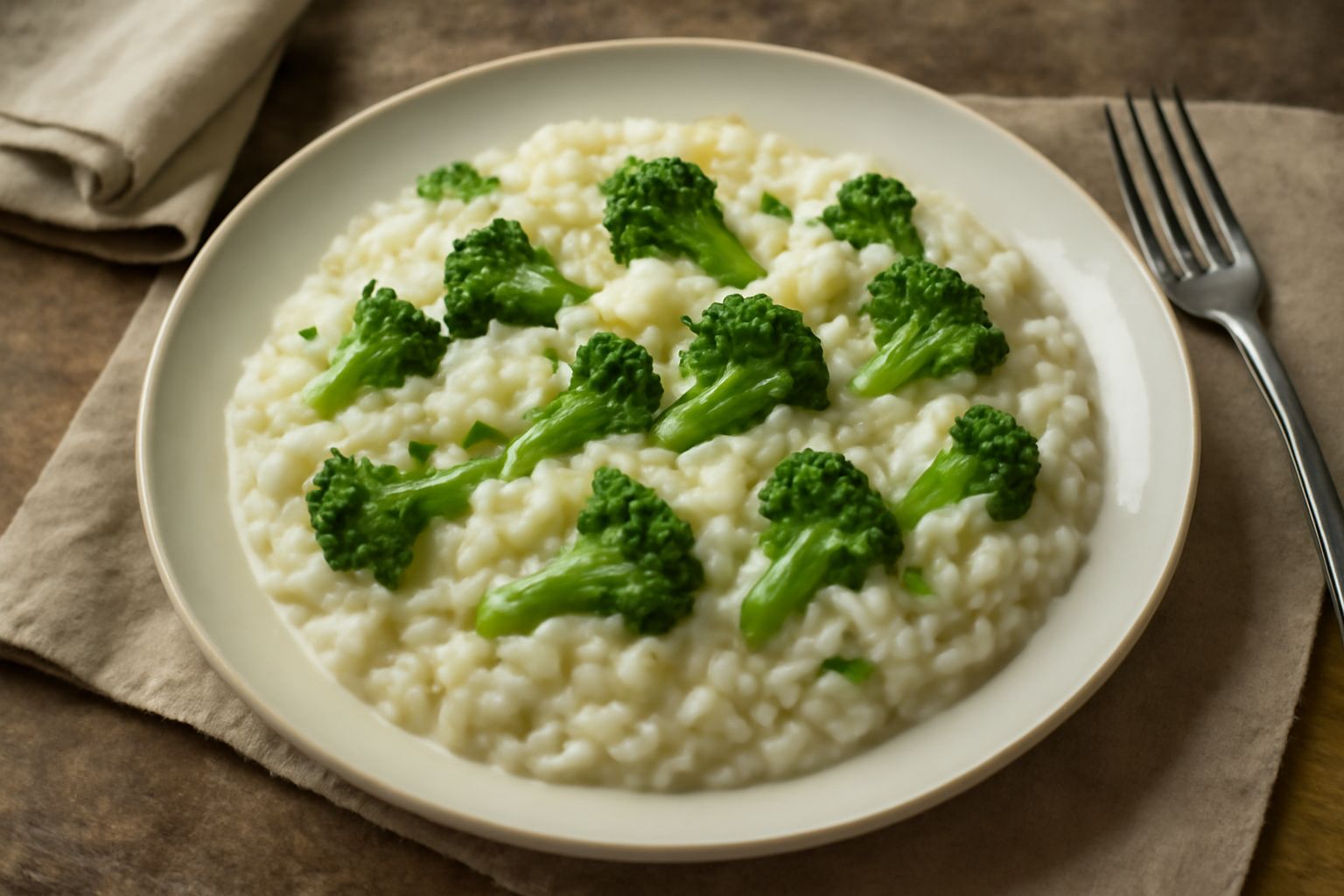 Un piatto bianco di riso cremoso beige con broccoletti verdi sparsi in superficie, granella di parmigiano, olio d'oliva in gocce, vapore leggero visibile