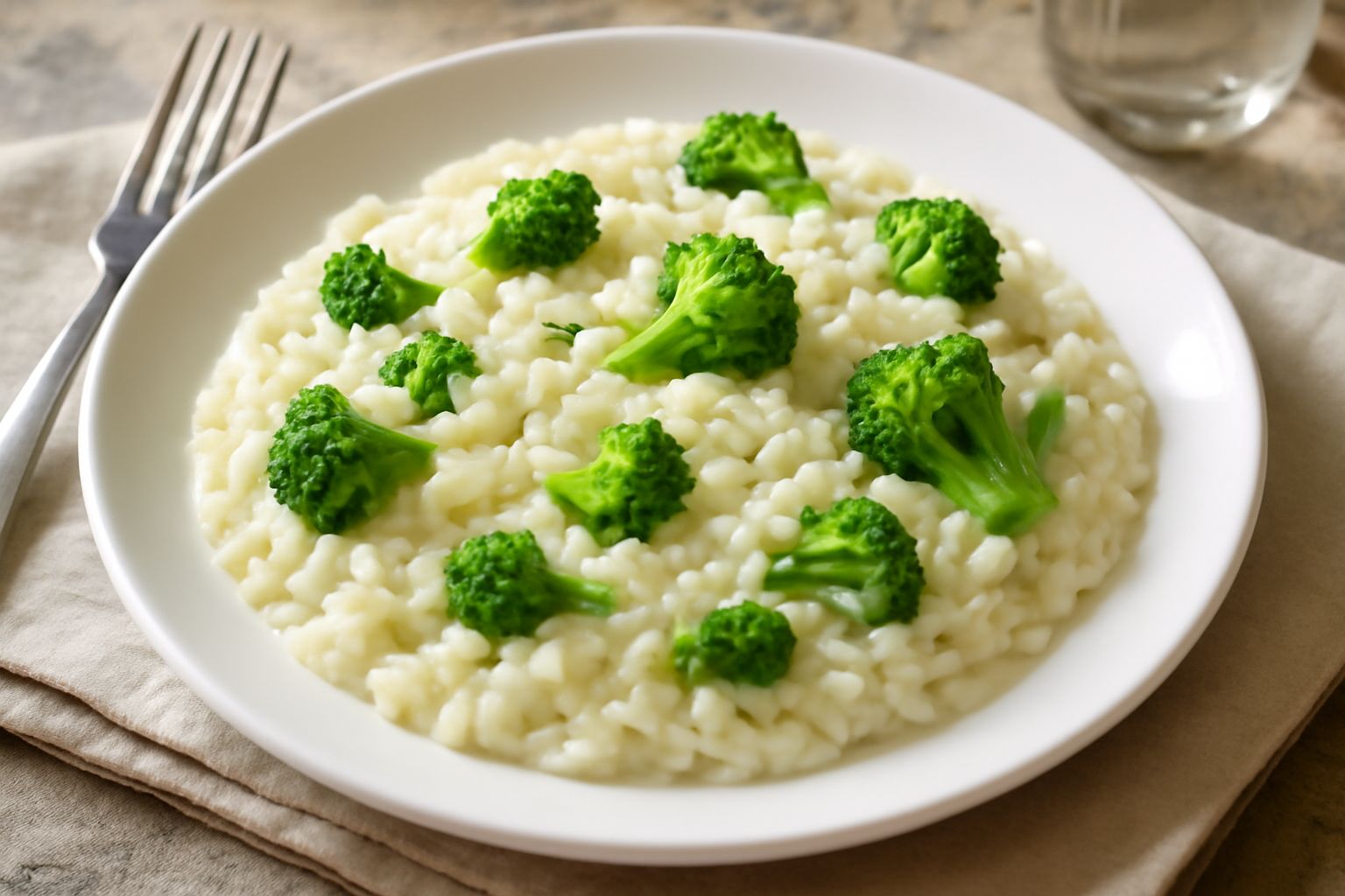 Piatto di riso bianco cremoso con broccoletti verdi brillanti sparse in superficie, olio d'oliva che lucida il tutto, parmigiano grattugiato leggero e limone fresco accanto