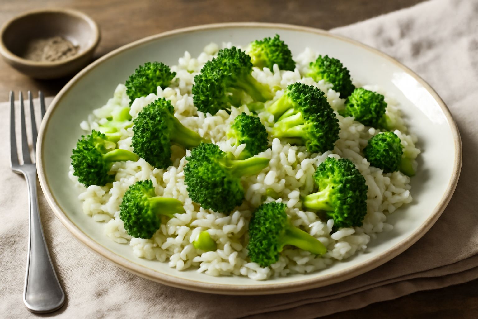 Piatto bianco con riso basmati al dente e broccoli verde brillante saltati in padella, conditi con olio extravergine, germogli di sesamo bianco e aglio dorato