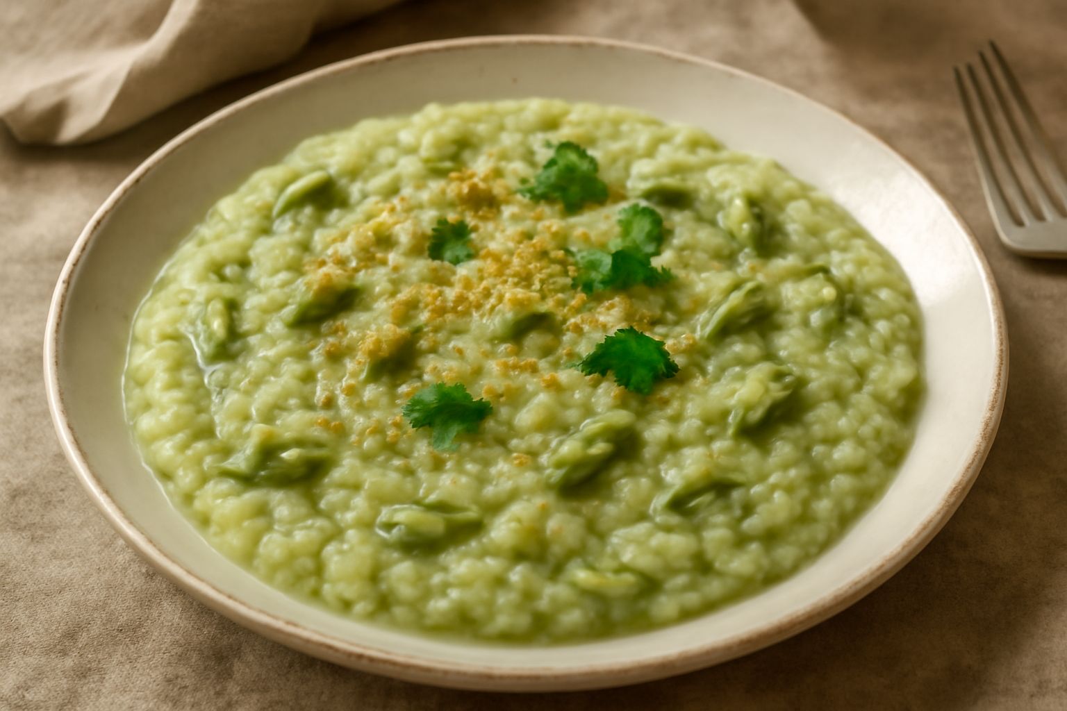 Piatto di risotto cremoso verde pallido con pezzetti di carciofo distribuiti in superficie, terminato con grana grattugiato e filo d'olio, su fondo bianco