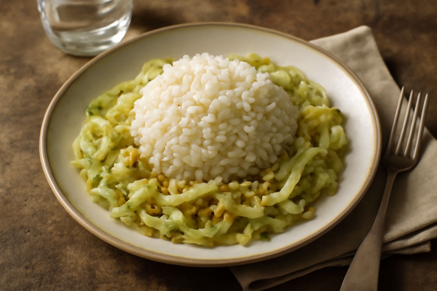 Piatto di riso bianco con cavolo stufato in strisce verdi e bianche, condito con olio, cipolla dorata in superficie, servito in ciotola bianca su tavolo di legno chiaro