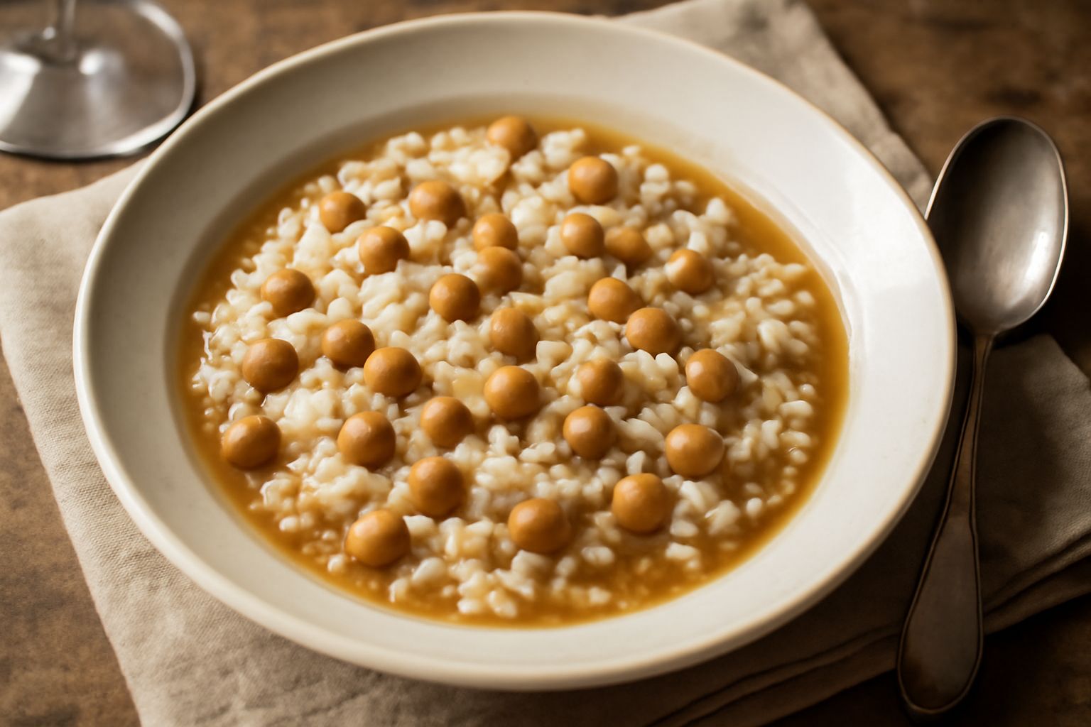 Piatto di riso bianco e cicerchie marroni in brodo leggero, condito con olio extravergine, prezzemolo fresco e una leggera spolverata di pepe nero. Piatto servito in ciotola di ceramica bianca su tavo