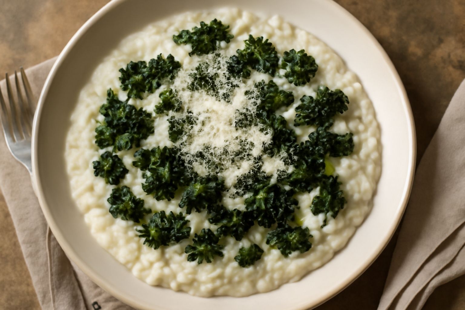 Piatto bianco con riso cremoso e cicoria verde scuro ripassata, conditi con olio d'oliva e scaglie di parmigiano, visto dall'alto su un tavolo in legno chiaro
