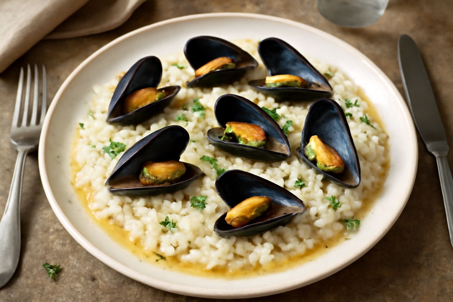 Un piatto bianco fondo con riso bianco mantecato, cozze nere aperte con la polpa visibile all'interno, gocce di sugo trasparente, prezzemolo verde su superficie, limone a spicchi sul bordo