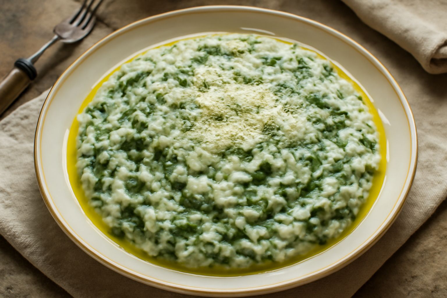 Piatto bianco con riso cremoso color avorio, percorso da strisce di verde intenso delle erbette cotte, una grattugia di parmigiano in superficie, impiattato in montagna bassa al centro, cucchiaio di l