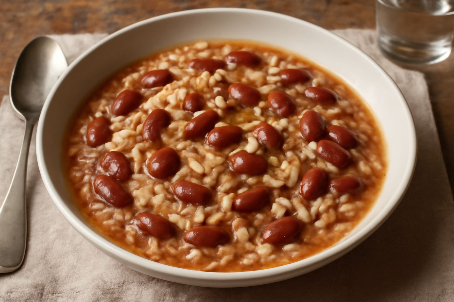 Ciotola di ceramica bianca con riso bianco e fagioli rossi cucinati insieme, conditi con olio d'oliva, a cui si aggiunge un filo di olio in un cucchiaio, accompagnato da pane tostato color oro ai lati