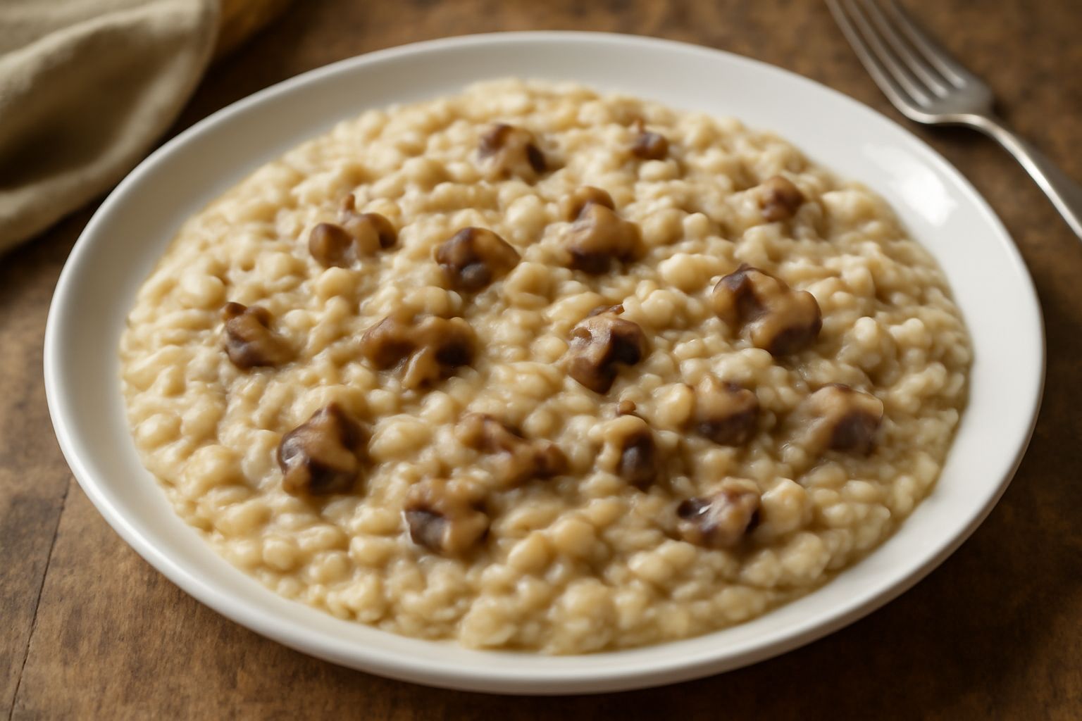 Risotto ai funghi servito in un piatto bianco, cremoso color avorio con pezzetti di funghi marroni visibili in superficie, grattugia di parmigiano e prezzemolo fresco, contorno di funghi interi sul pi