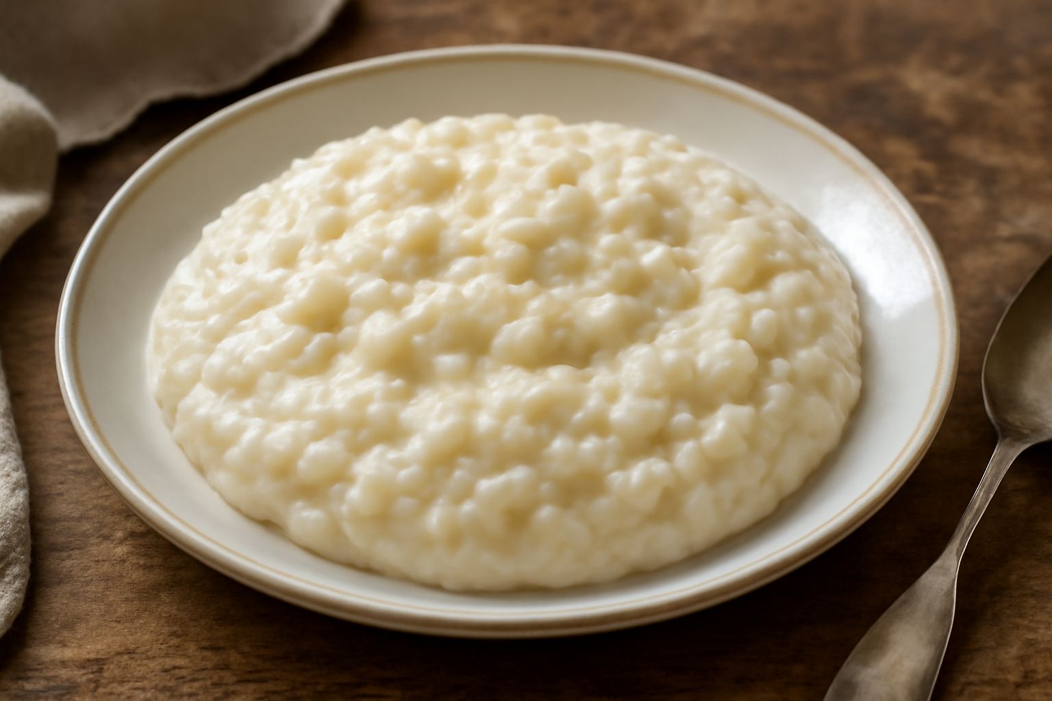Tazza di ceramica bianca colma di crema di riso e latte cremosa, guarnita con cannella in polvere e uvetta dorata, accanto a un cucchiaio di legno su tavolo di legno naturale