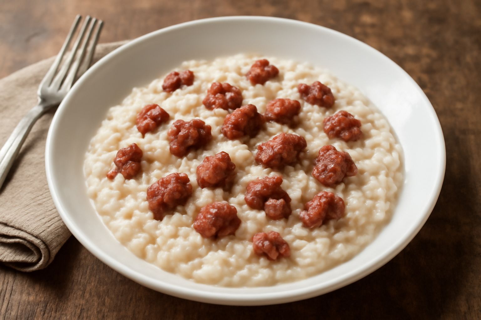 Un piatto fondo di riso bianco cremoso con pezzi di luganega marrone dorato e rosso, caldo appena uscito dal fuoco, con un filo d'olio in superficie e raso di parmigiano