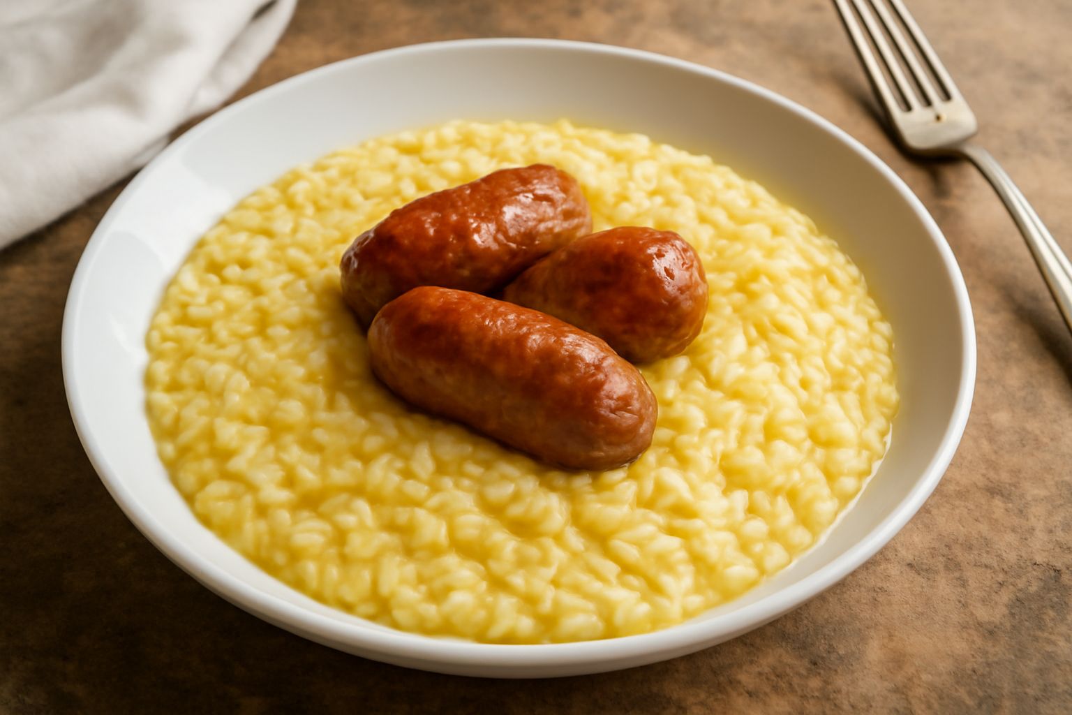 Piatto bianco con riso cremoso giallo paglierino, tre luganeghe dorate e croccanti in cima, decorato con prezzemolo fresco verde e una noce di burro fusa nel riso