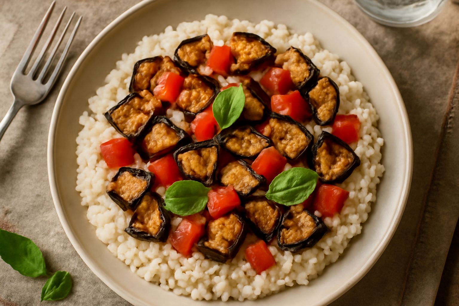 Piatto con riso bianco e pezzi di melanzane nere grigliate, pomodori rossi, basilico fresco verde, il tutto condito leggermente su un piatto bianco con bordo grigio