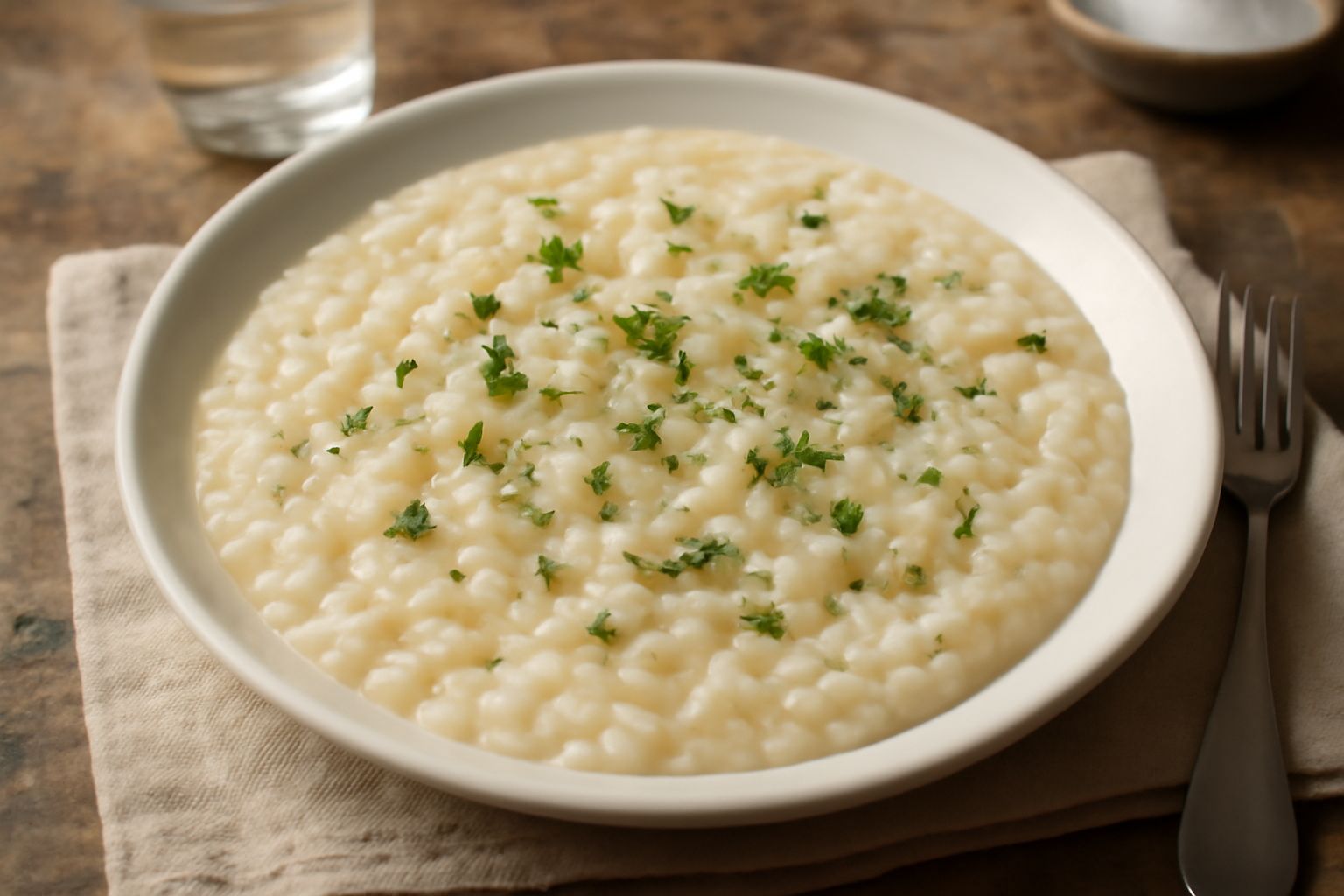 Un piatto bianco fondo con riso e patate in umido cremosi, patate tagliate a dadini color bianco-giallo, riso morbido amalgamato, brodo assorbito, superficie liscia, guarnito con prezzemolo verde fres