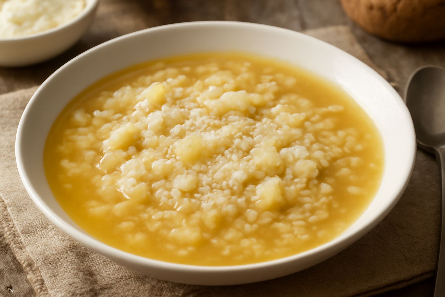 Piatto di ceramica bianca con riso e patate in brodo caldo, brodo trasparente dorato, grani di riso visibili immersi nel liquido, cubetti di patata gialla morbida, filettura di parmigiano grattugiato 