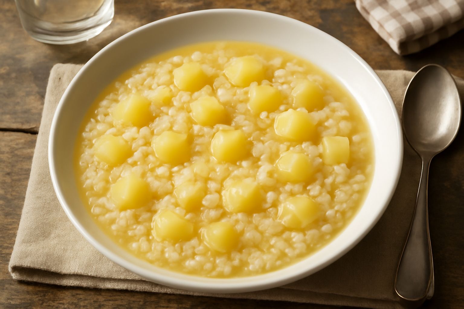 Un piatto fondo di ceramica bianca con riso e patate in umido: chicchi di riso bianchi mescolati a cubetti di patata giallognola, brodo trasparente che lega gli ingredienti, superficie uniforme e crem
