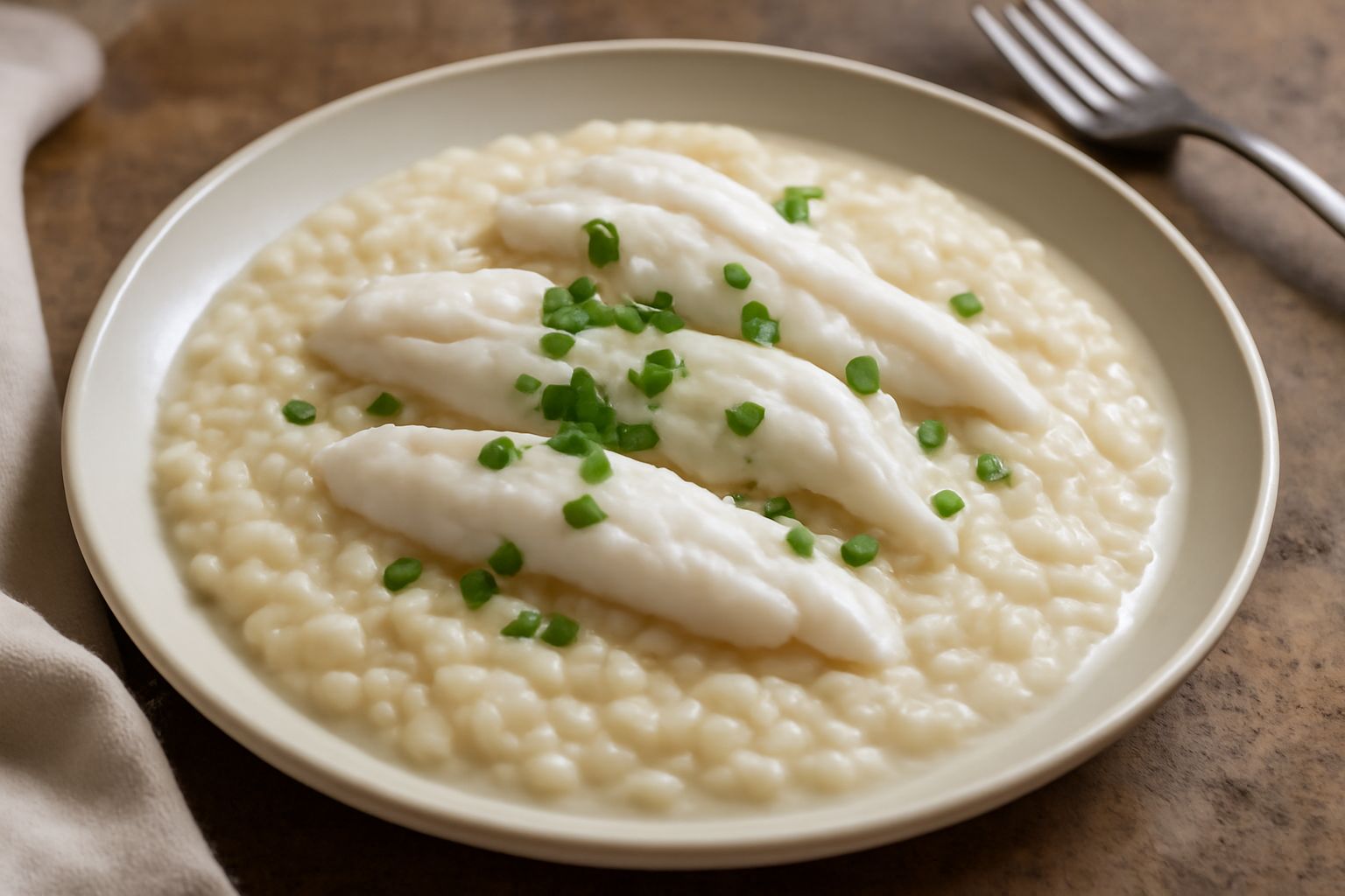 Un piatto di riso cremoso color avorio con filetti di branzino bianchi adagiati in superficie, conditi con olio extravergine e erbe aromatiche fresche, su un fondo di brodo vegetale appena visibile