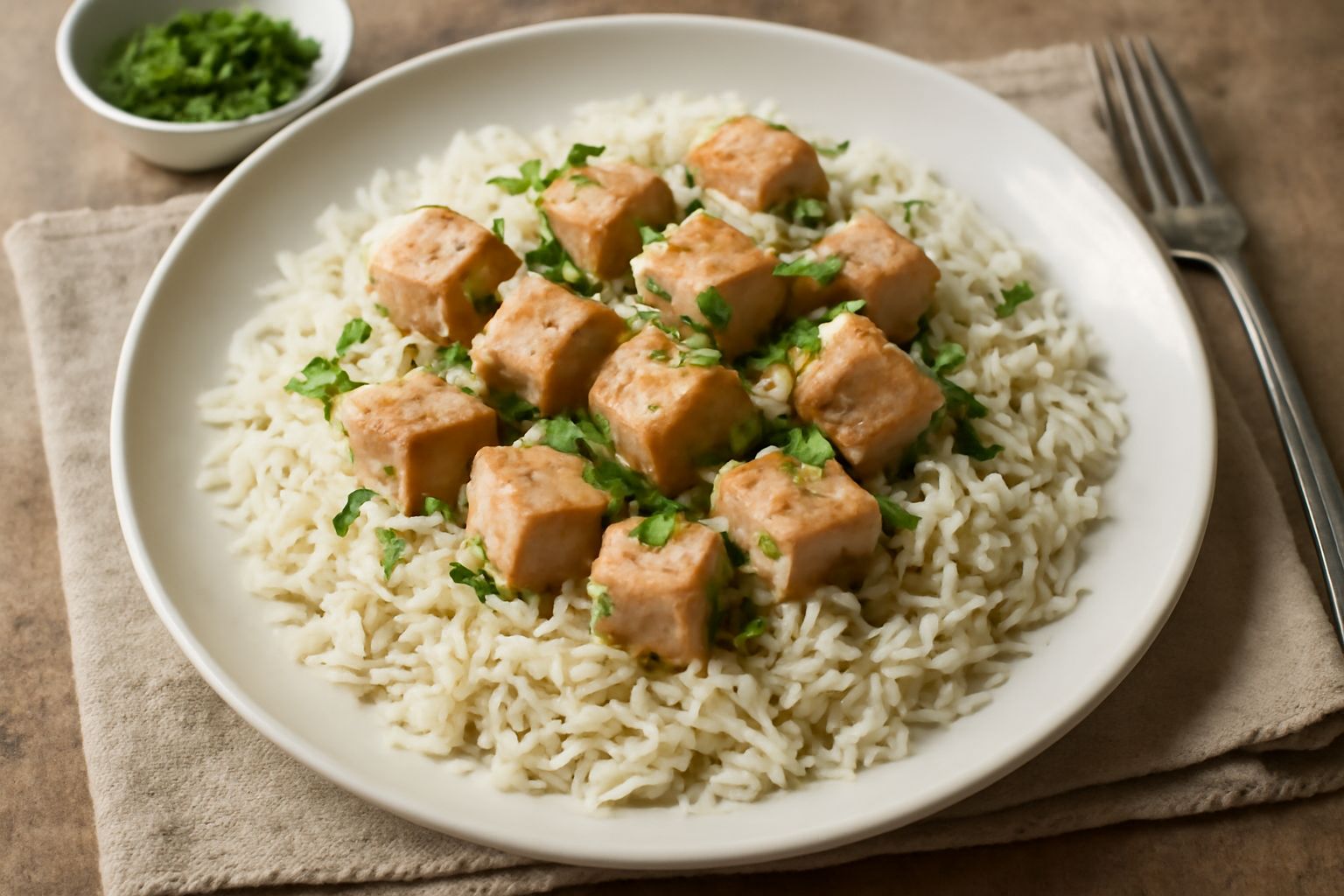 Piatto bianco con riso basmati bianco al centro, cubetti di pesce spada semitrasparente appena cotti, ciliegina di limone tagliato a fette sottili, prezzemolo fresco sminuzzato sparso sopra, filo d'ol