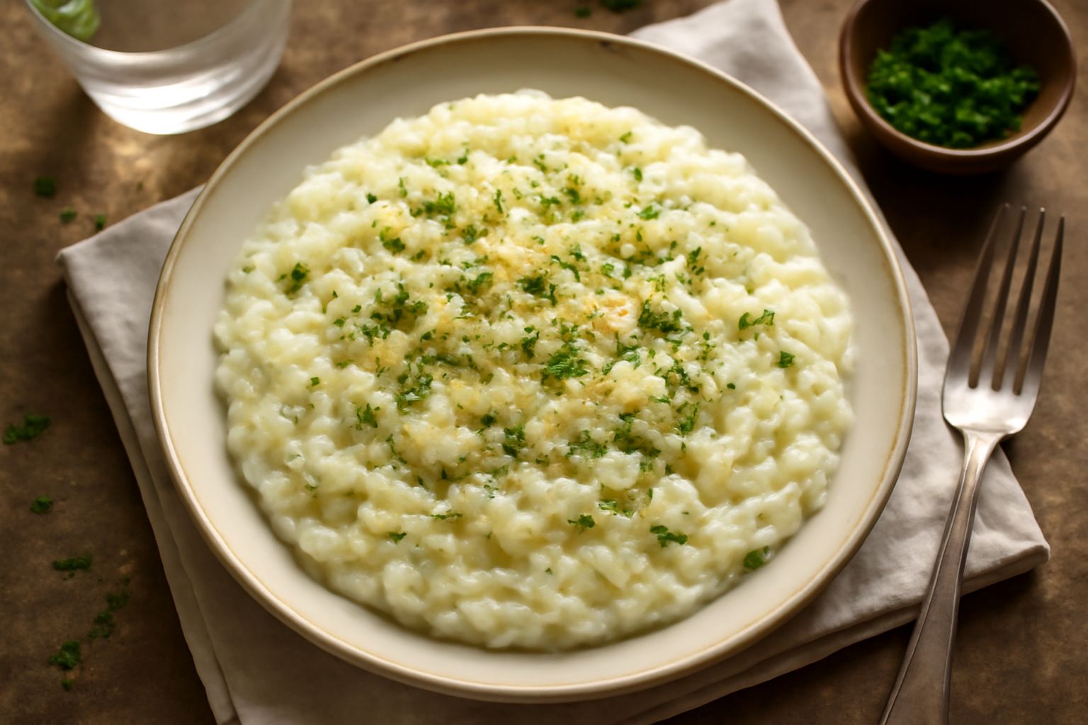Piatto di riso bianco cremoso con fettine di porro bianco e verde, parmigiano grattugiato e prezzemolo fresco, servito in ciotola di ceramica bianca su tavolo grigio