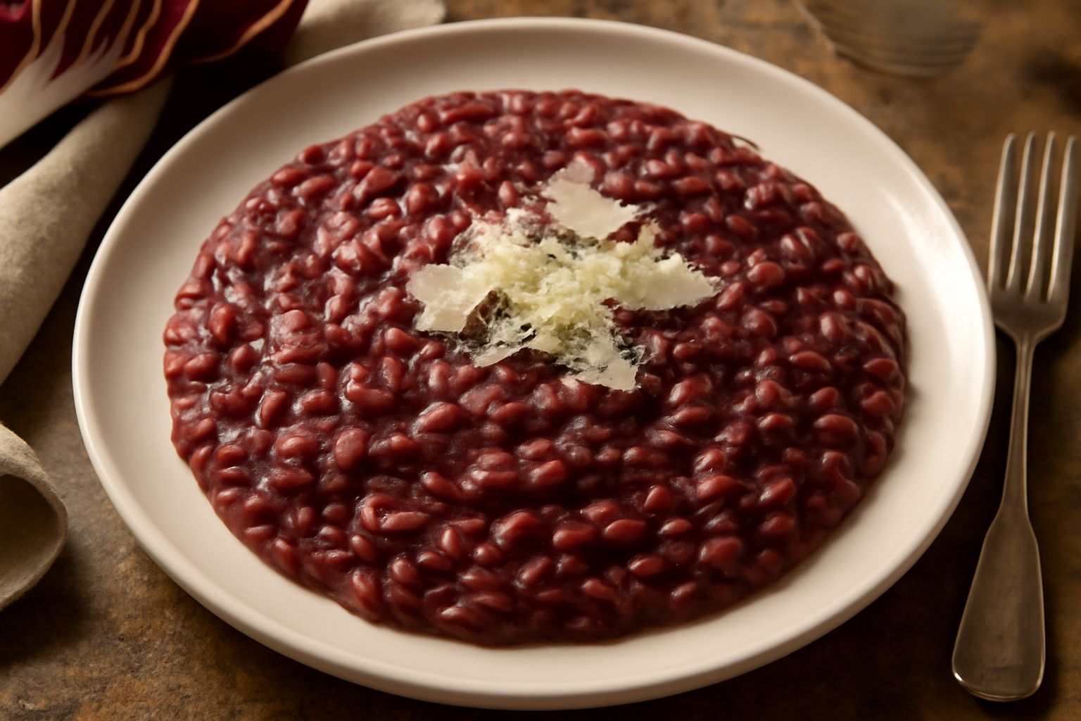 Risotto al radicchio servito in piatto fondo bianco, colore bordeaux scuro uniforme, cremoso nella consistenza visibile, guarnito con scaglie di parmigiano bianche e una foglia di radicchio rossa, cuc