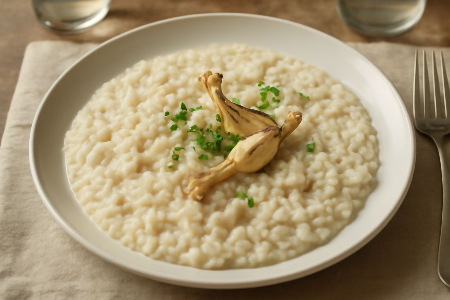 Un piatto fondo di risotto cremoso bianco e avorio con piccoli pezzi di carne bianca di rana visibile in superficie, decorato con una foglia di prezzemolo fresco verde, al centro del piatto, con bordo