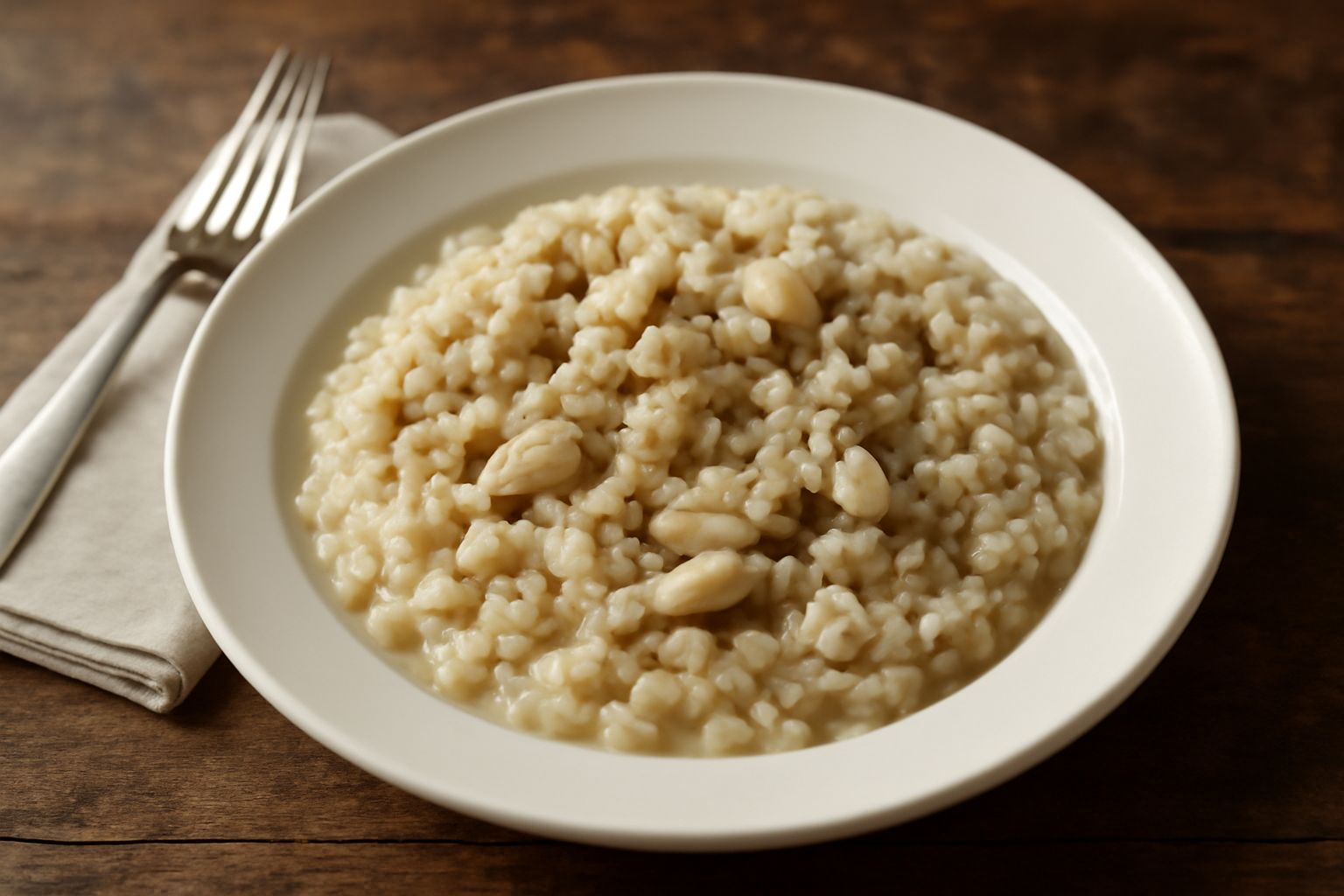 Piatto di riso bianco con pezzetti di carne di rana, prezzemolo fresco verde, cipolla dorata e brodo ristretto che luccica, impiattato in ciotola di ceramica